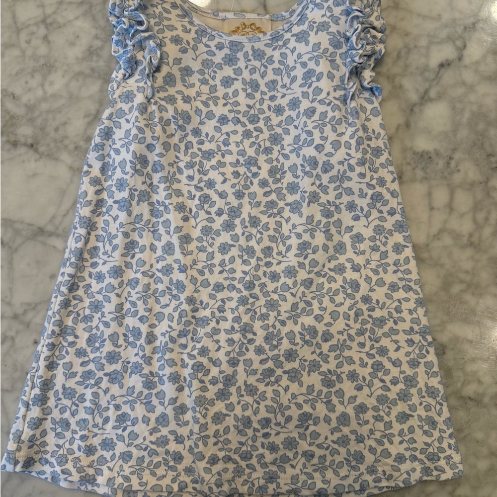 Floral Blue and White Dress with Ruffle Sleeves